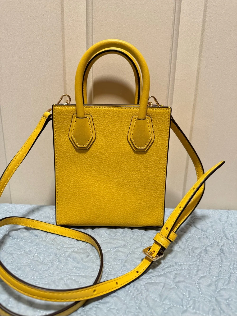Michael Kors Yellow Mini Mercer Pebbled Leather Crossbody Tote MK Charm